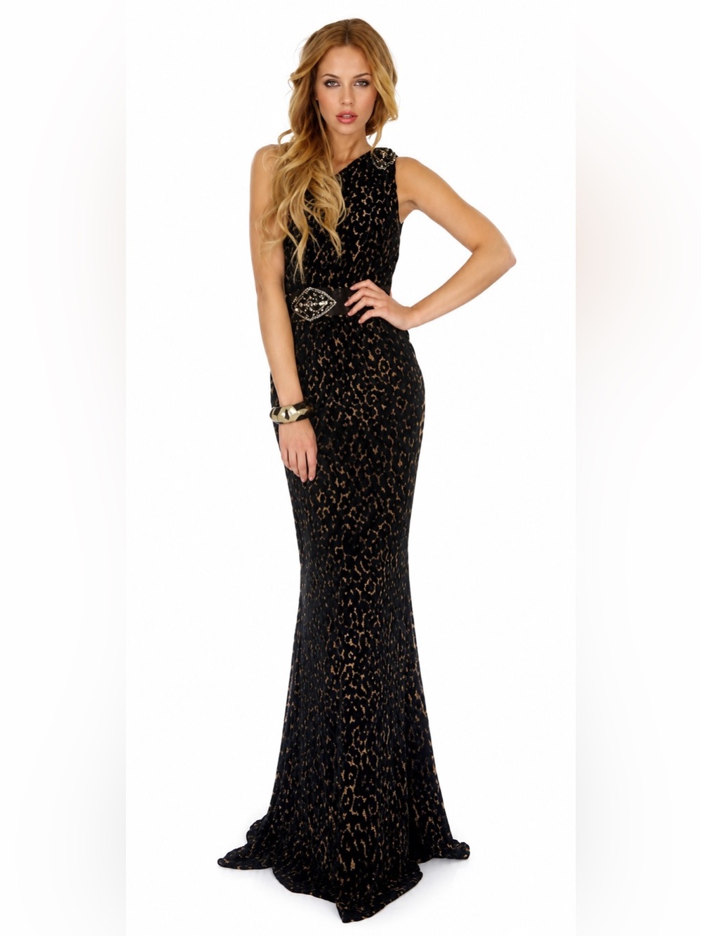 David Meister One Shoulder Leopard Print Velvet Gown Dress Beaded Size 8